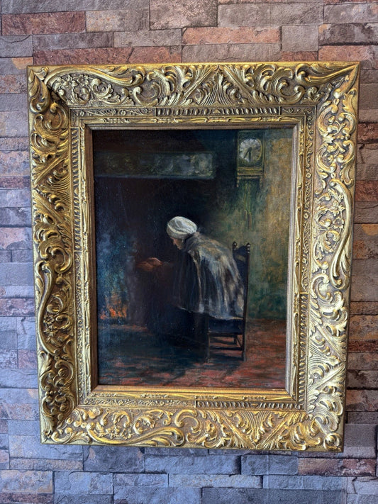 Antique Original Oil Painting – Fireside Interior Scene – Ornate Gilt Frame