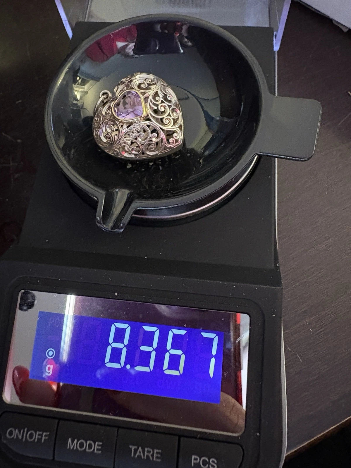 Sterling Silver Filigree Heart Locket Pendant 925 w Purple Stone Vintage