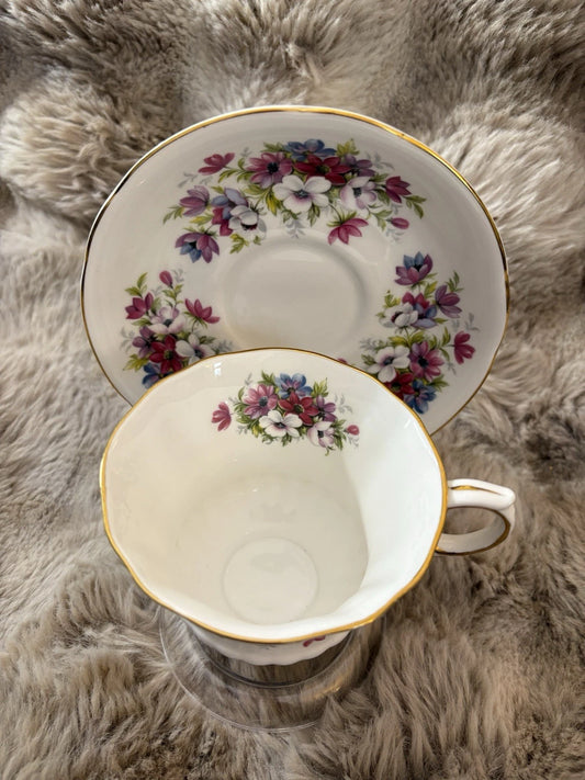 Paragon Flower Festival Teacup & Saucer Fine Bone China England Gold Trim Pings