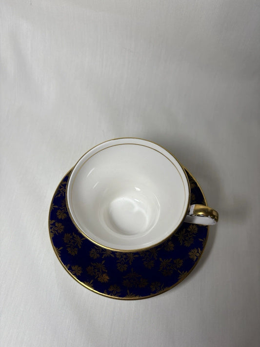 Aynsley England Bone China Cup & Saucer Blue Gold Leaf Cracked Cup- Fine Crack