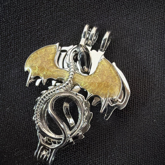 Dragon Necklace Charm – Gold Enamel Wings – Fantasy Pendant