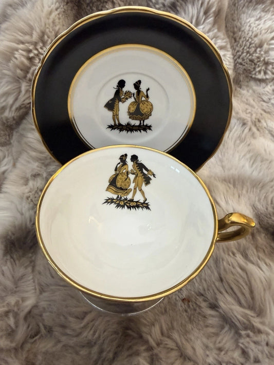 Salisbury Bone China Tea Cup & Saucer | Black & Gold | England | Vintage - Pings