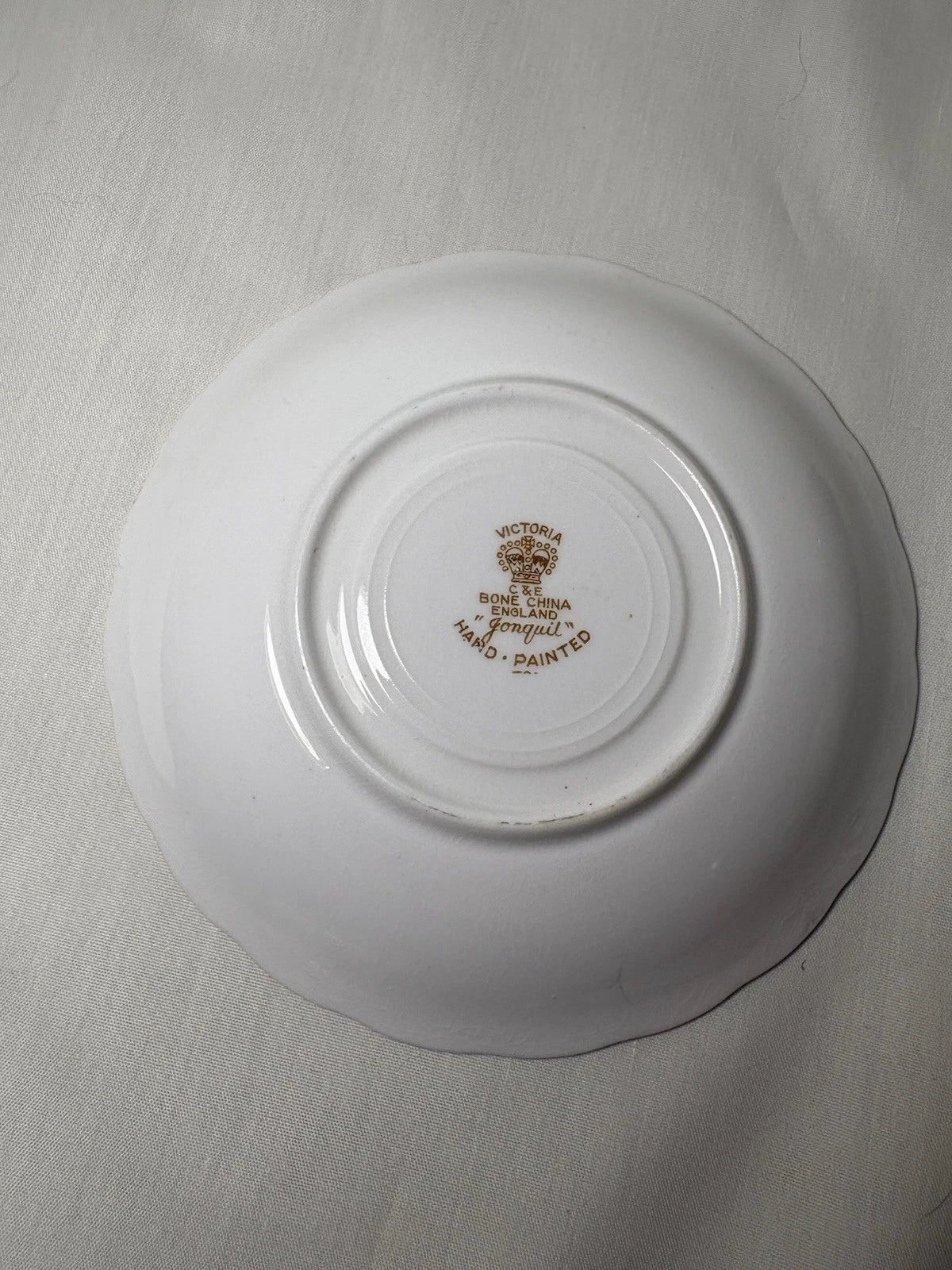Victoria C&E Bone China “Jonquil” Teacup & Saucer Black Gold England- Crazing