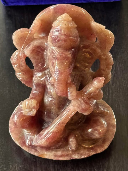 Natural Strawberry Agate Ganesha Statue with Veena – Hand-Carved