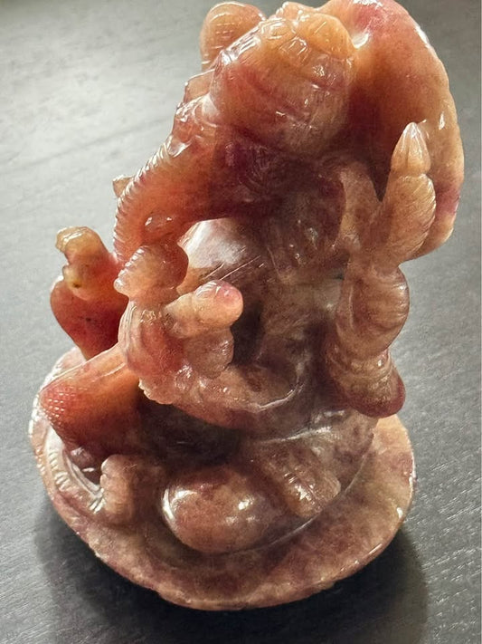 Natural Strawberry Agate Ganesha Statue with Veena – Hand-Carved