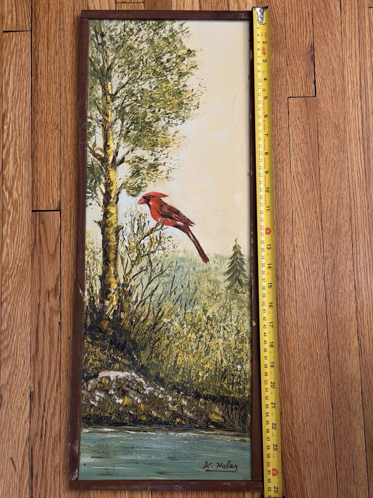 Original Oil Painting – Red Cardinal Bird Landscape – Signed K. Haley – Vintage