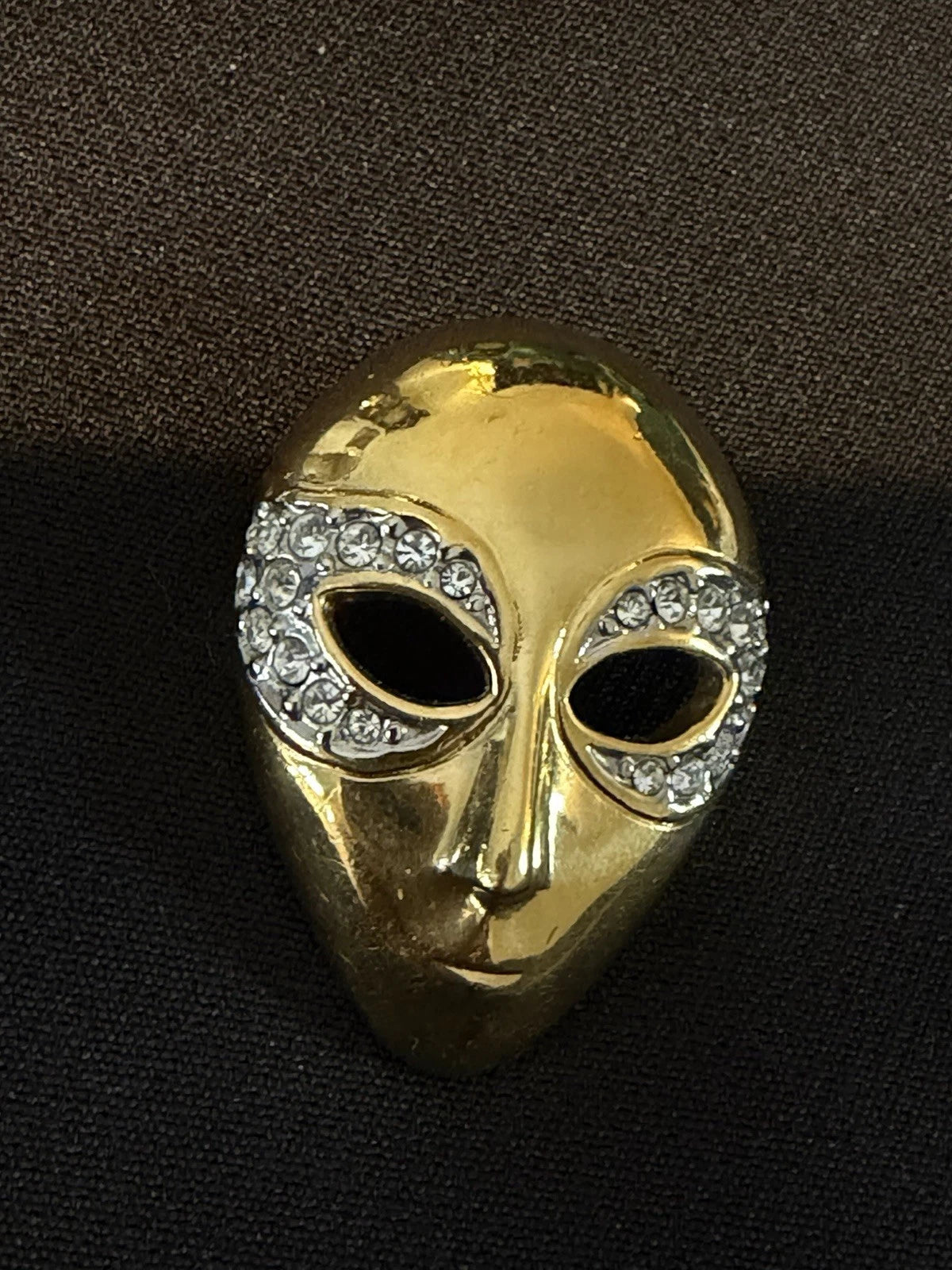 Vintage Butler Gold Tone Mask Brooch Rhinestone Eyes Figural Face Pin Art Deco
