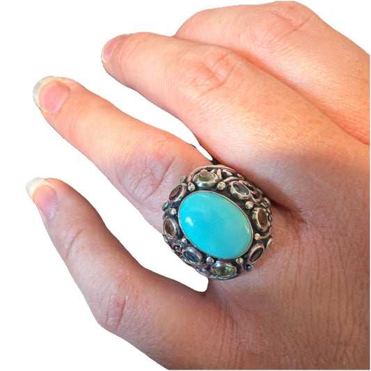 Large 925 Sterling Silver Turquoise Multi Gemstone Ring | Artisan Statement