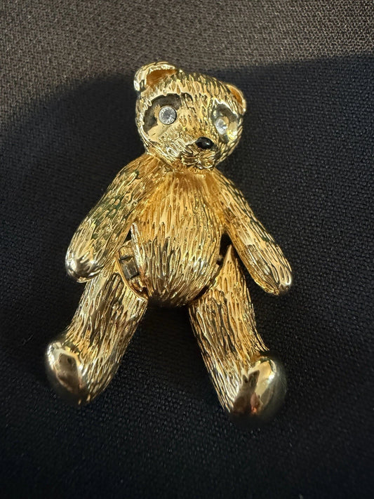 Vintage Butler Gold Tone Teddy Bear Brooch Figural Pin Rhinestone Eyes Cute