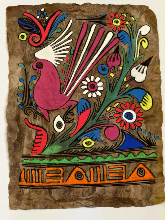 Pair of Vintage Mexican Folk Art Paintings on Tree Bark – Hand-Painted