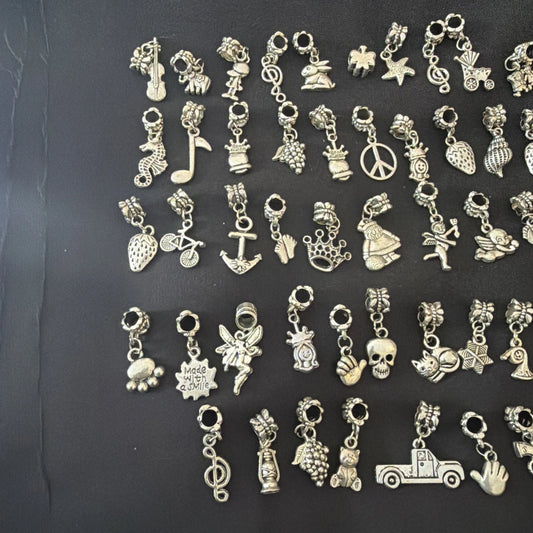Vintage-Style Silver Tone Bracelet Charm Lot – Mixed Themes – Large Bundle