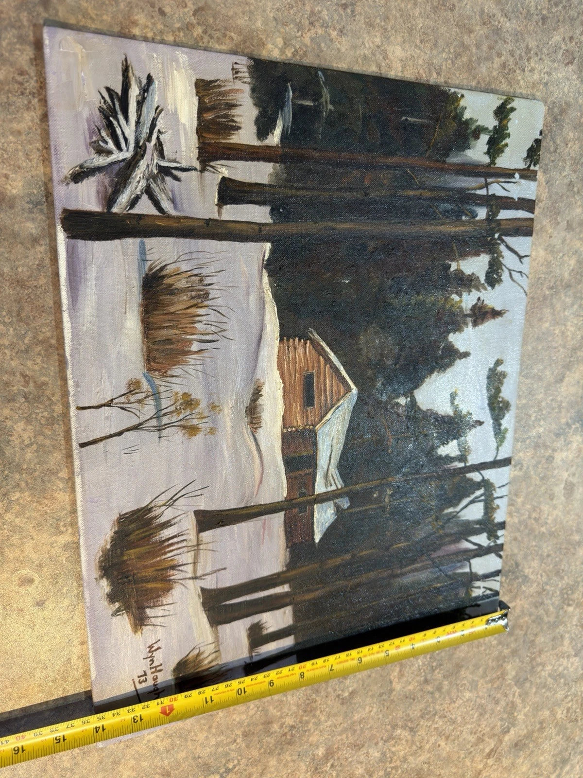Original Oil Painting – Winter Cabin Landscape – Signed Wyn Hough 1973