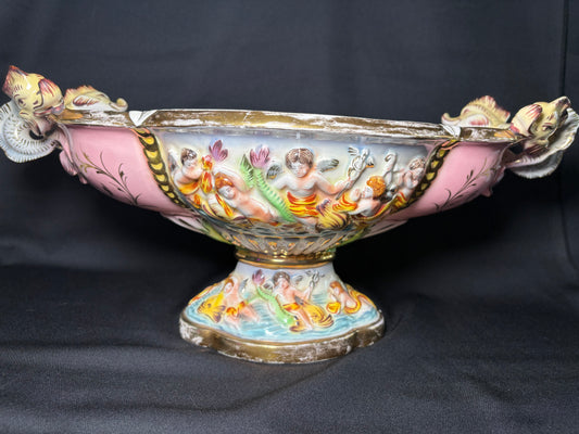 Antique Italian Capodimonte Centerpiece Bowl - Hand-Painted Cherubs & Mermaids