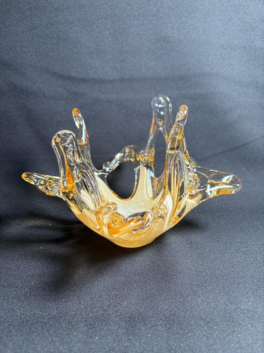 Murano Glass Centerpiece Bowl – Amber and Clear Sculptural Art Glass