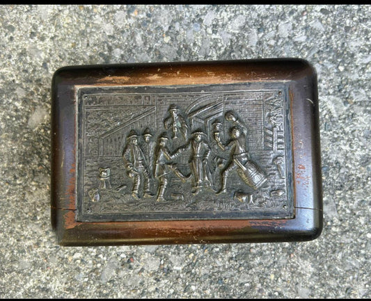 Antique Handcrafted Wooden Box – Engraved Folk Art Panel