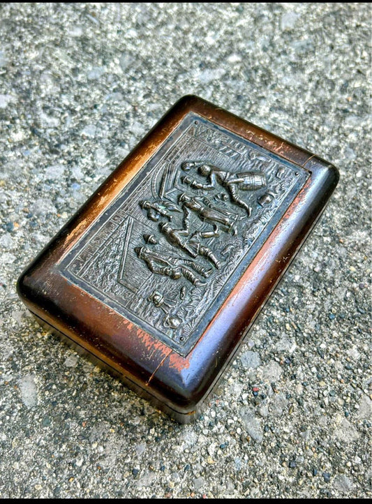 Antique Handcrafted Wooden Box – Engraved Folk Art Panel