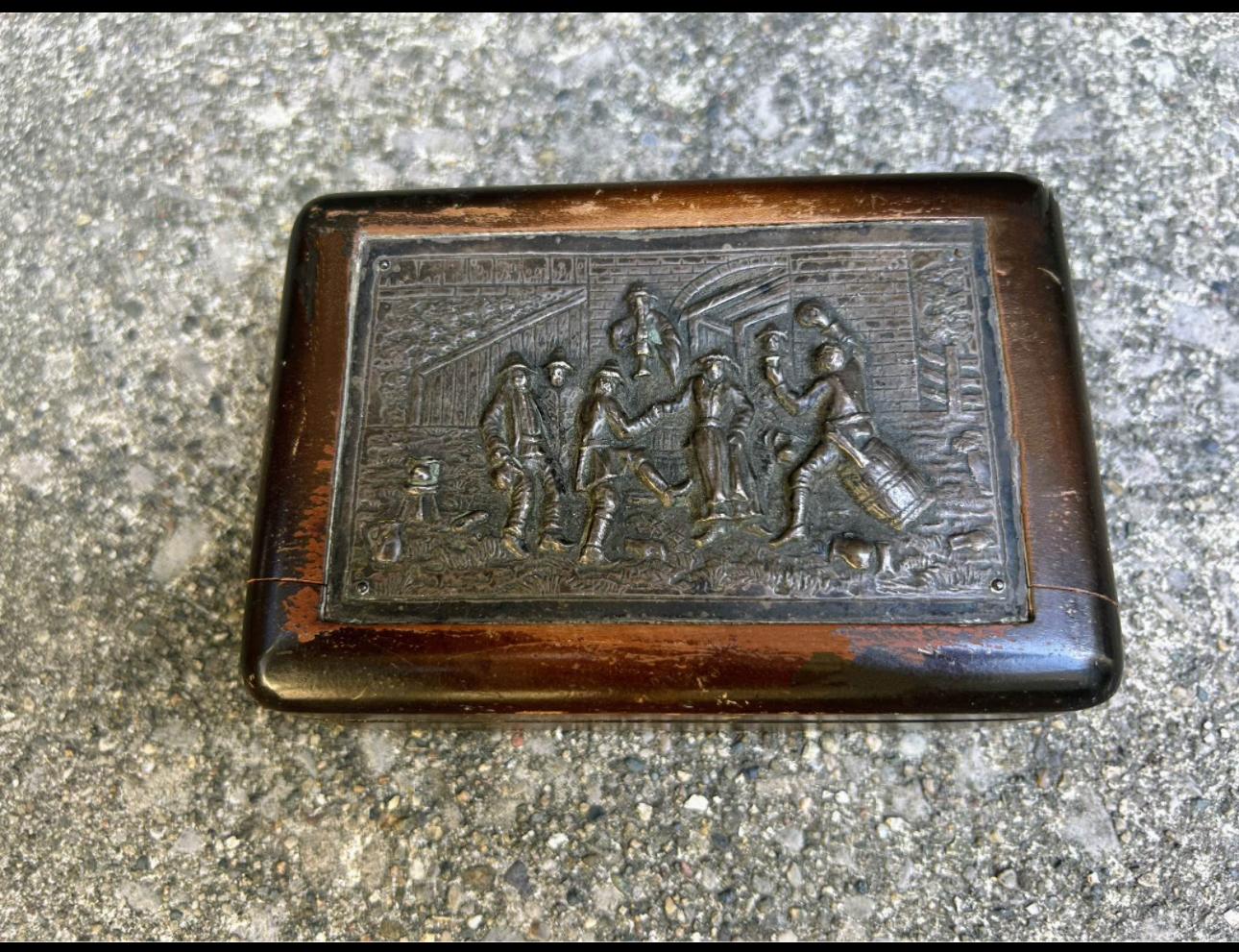 Antique Handcrafted Wooden Box – Engraved Folk Art Panel