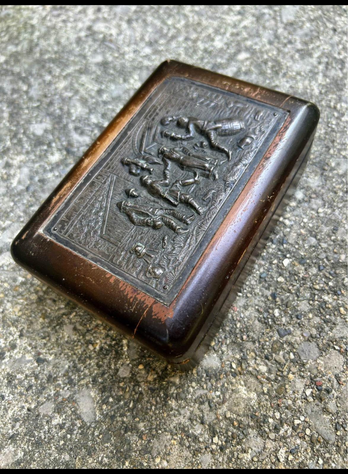 Antique Handcrafted Wooden Box – Engraved Folk Art Panel