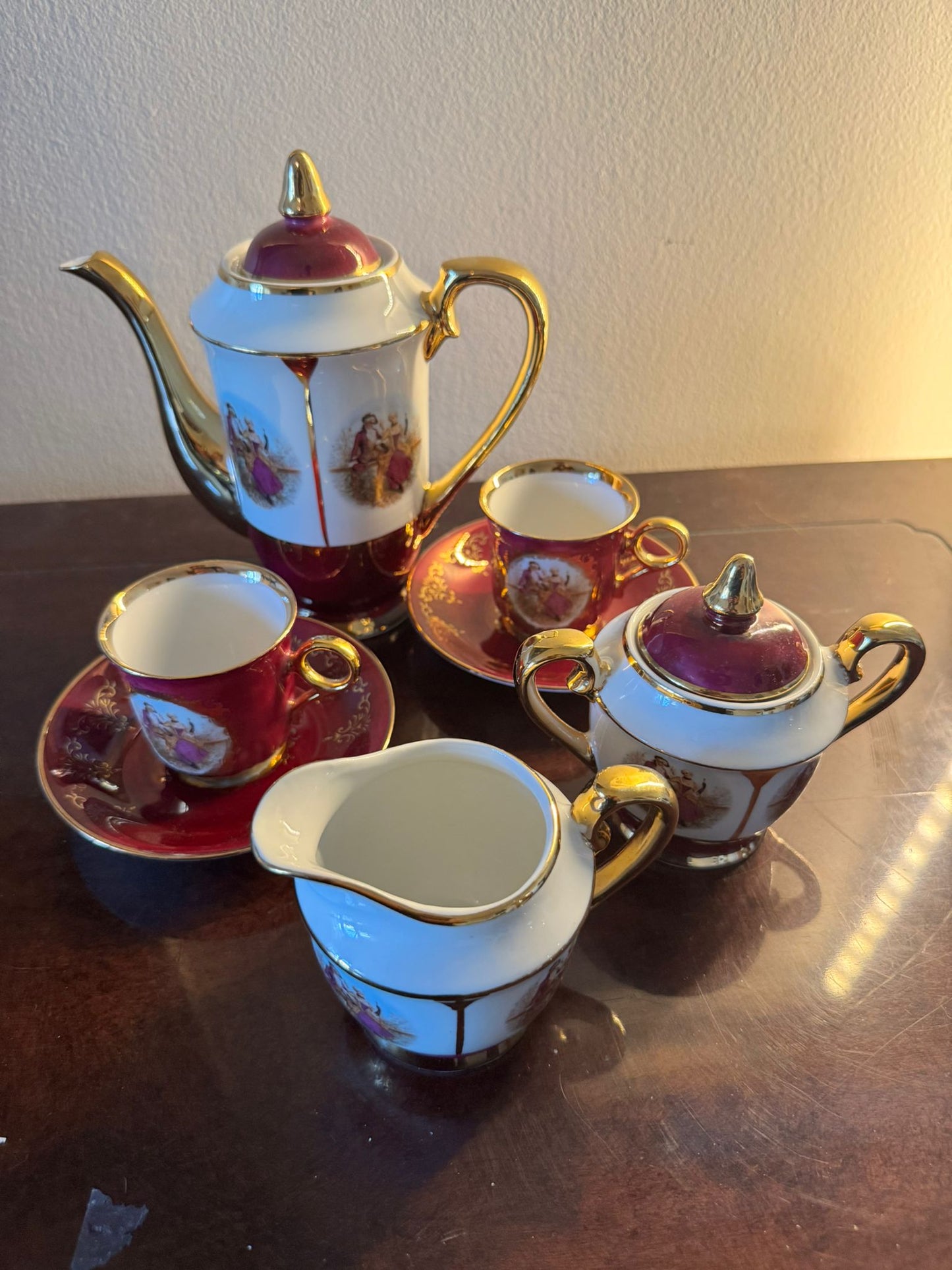 Vintage European Porcelain Tea Set with Gold Trim