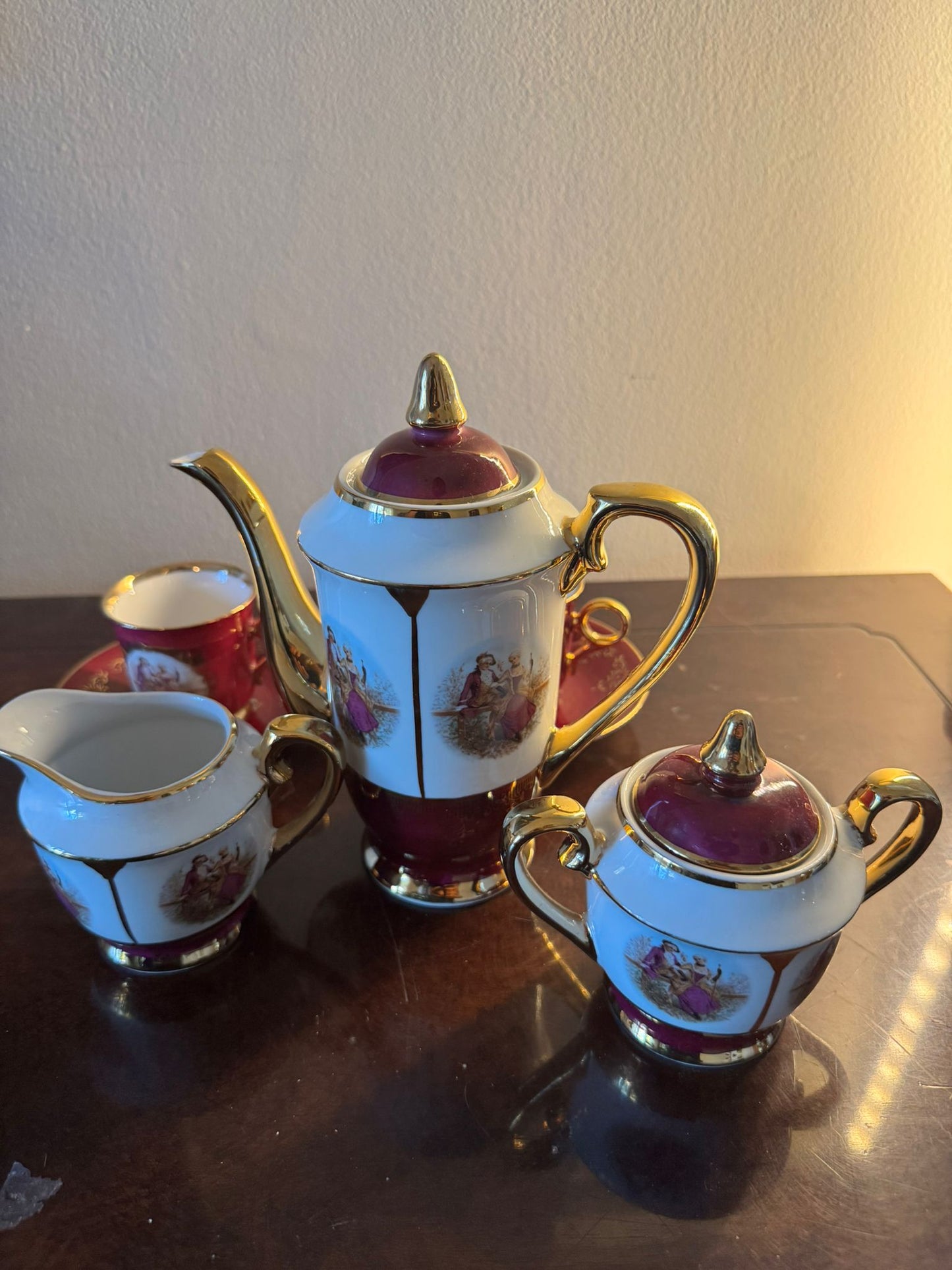 Vintage European Porcelain Tea Set with Gold Trim