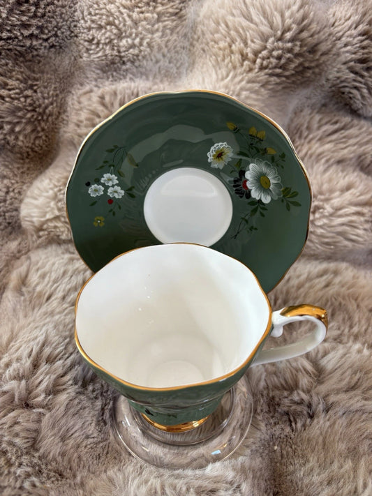Royal Grafton Fine Bone China Teacup & Saucer – Green Floral – Gold Trim - Pings
