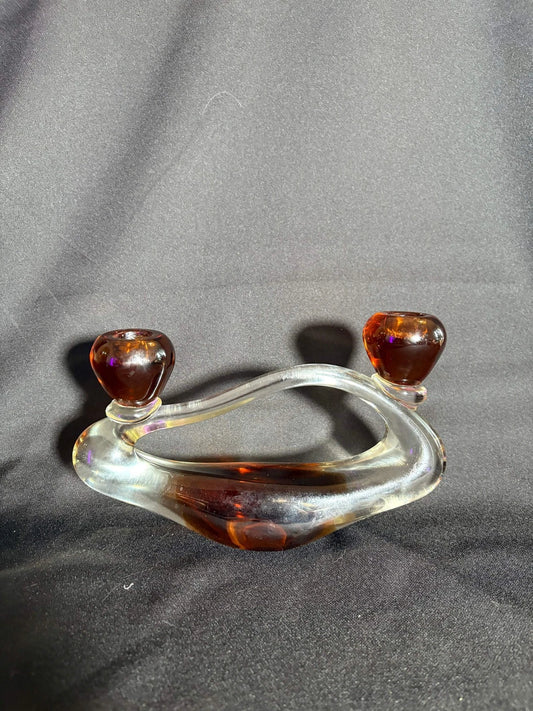 Murano Glass Double Candle Holder – Amber & Clear Hand-Blown Art Glass (Mid-Cent