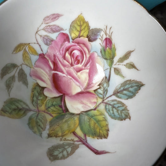 READ Aynsley G. BENTLEY Hand Painted WILD ROSE Signed Teacup Saucer - Crazing