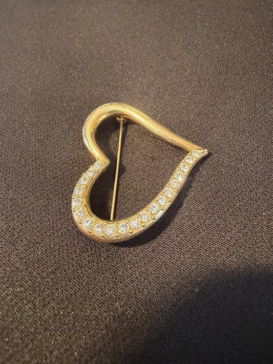 Vintage Avon Gold Tone Heart Brooch Rhinestone Accent Love Pin Signed Romantic