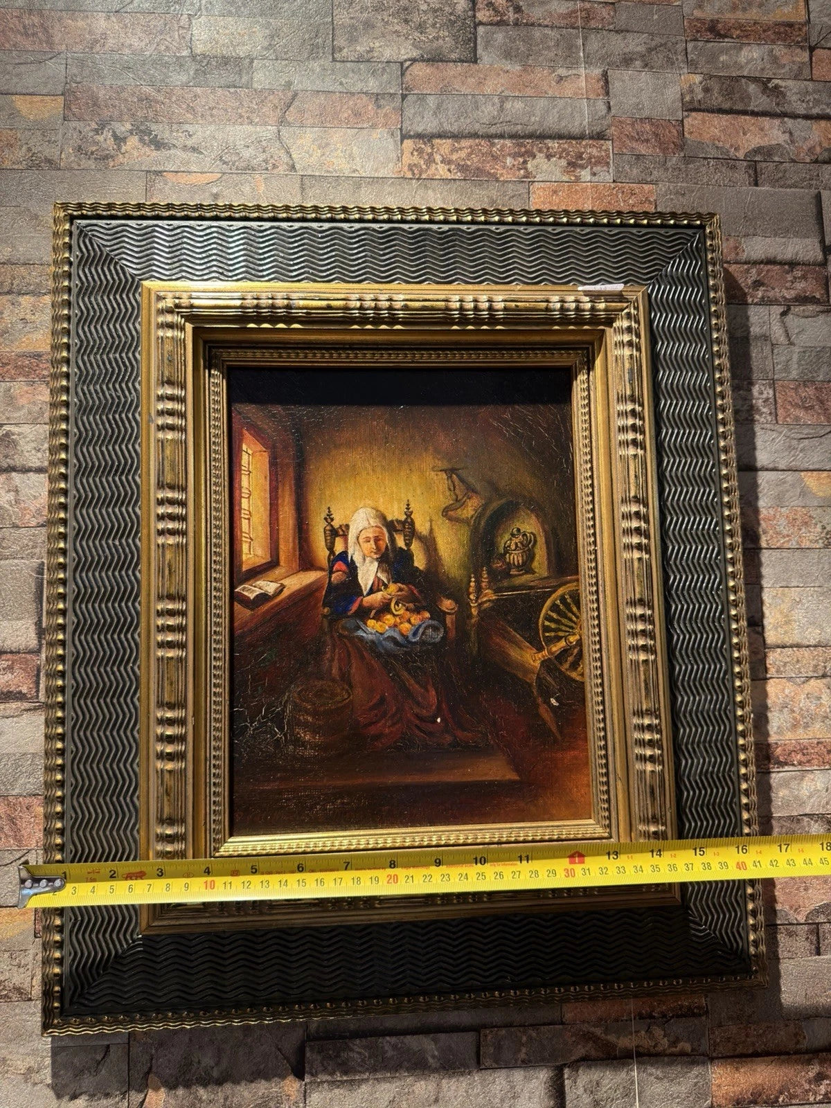 Antique Style Oil Painting Woman Cutting Fruit Interior Scene Ornate Gilt Frame