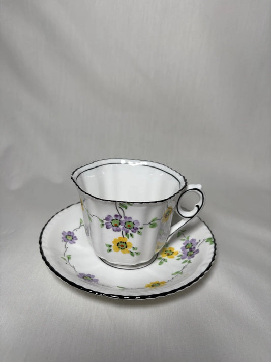 Phoenix China England Cup & Saucer Floral Black Trim Vintage- Small Chip- Pings