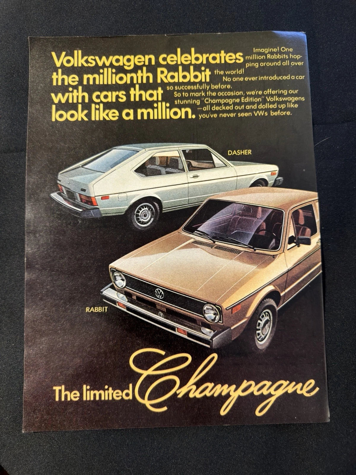 Vintage Volkswagen Rabbit Champagne Ad Playboy Double-Sided Guck Brown