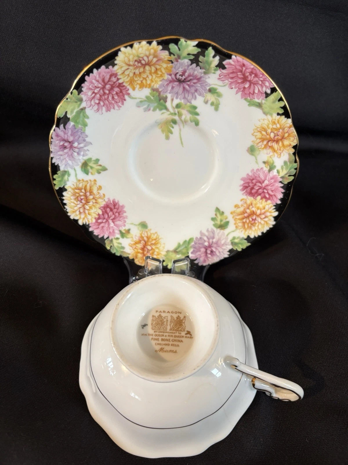 Vintage Double Warrant Paragon Mums Tea Cup & Saucer, Chrysanthemum flowers 1940