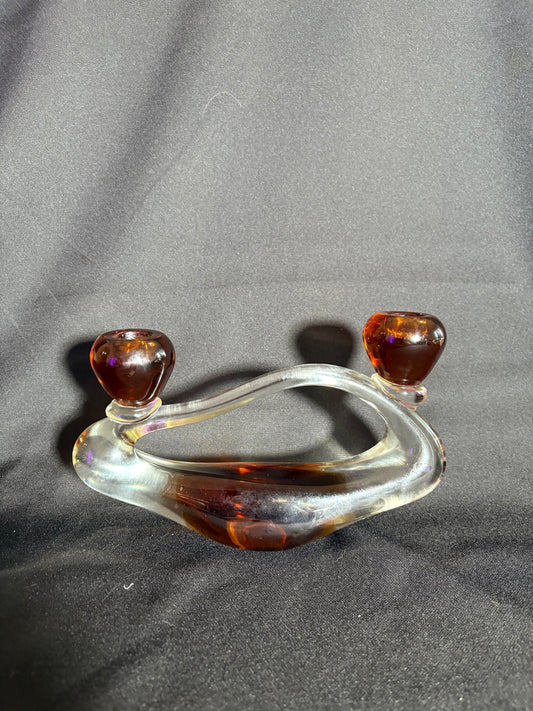 Murano Glass Double Candle Holder – Amber & Clear Hand-Blown Art Glass (Mid-Century Modern)