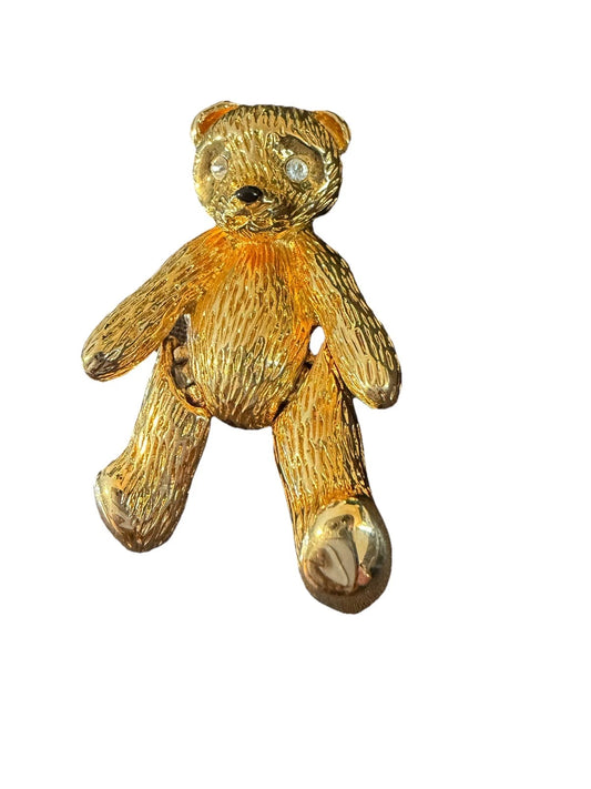 Vintage Butler Gold Tone Teddy Bear Brooch Figural Pin Rhinestone Eyes Cute