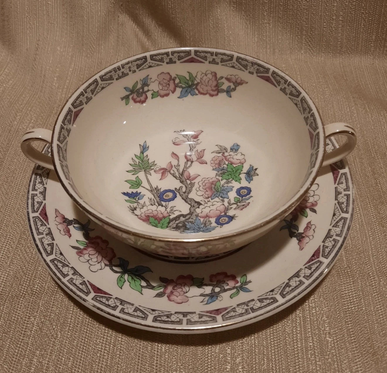 Meakin Indian Tree Flat Cream Soup Bowl & Saucer Set circa 1912