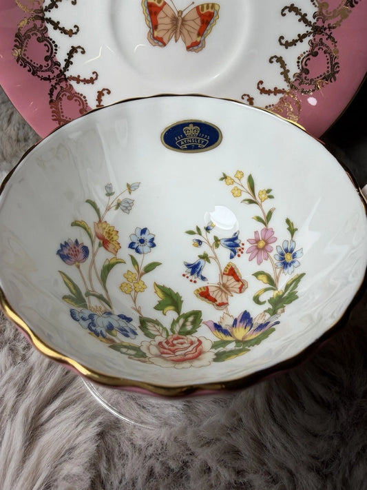 Aynsley Oban Cottage Garden Teacup & Saucer Bone China Butterfly Pink/Purple
