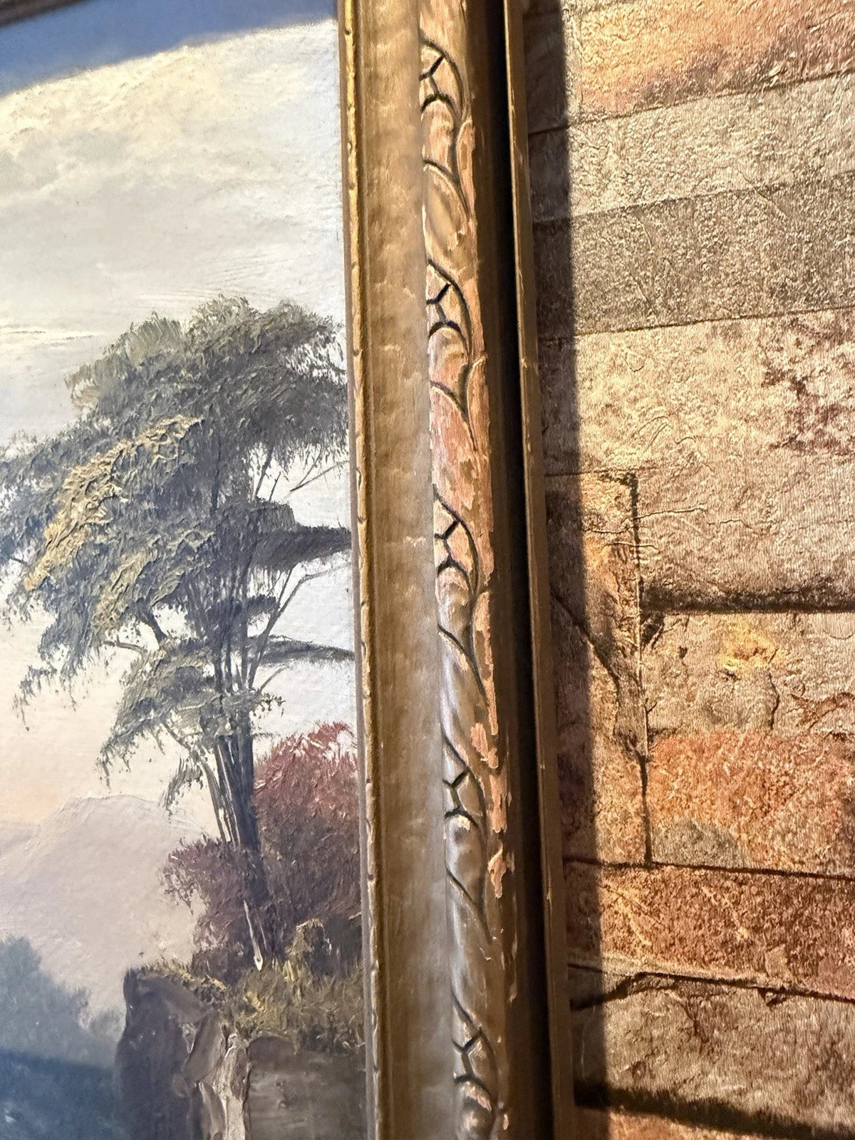 Antique Oil Painting – Dramatic Waterfall Landscape – Ornate Frame