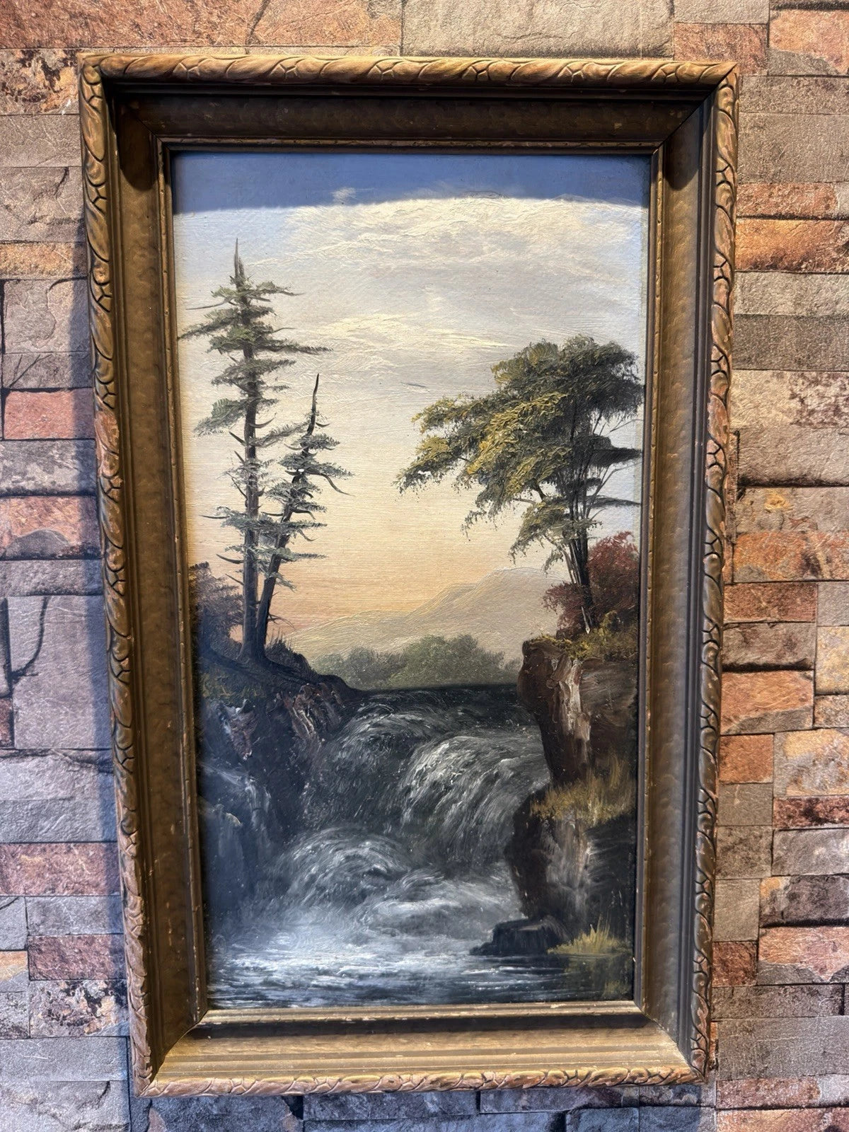 Antique Oil Painting – Dramatic Waterfall Landscape – Ornate Frame