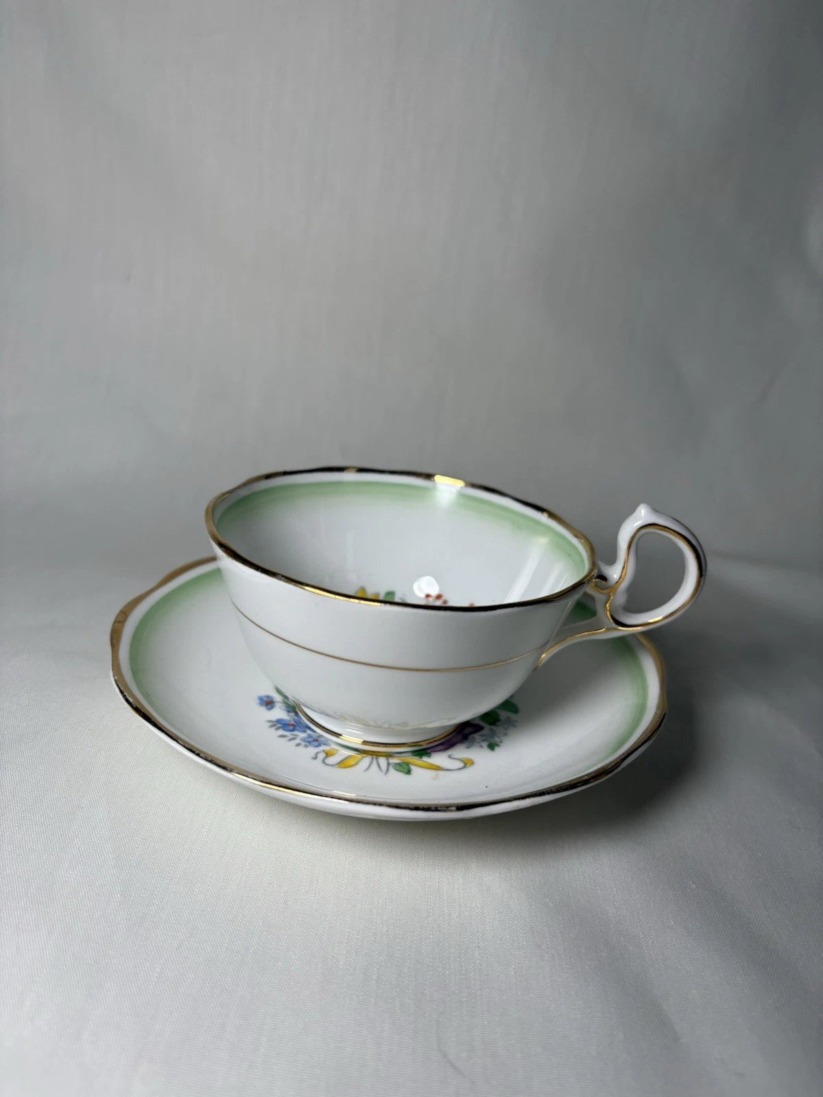 Royal Albert Bone China Teacup & Saucer England Floral Green Band Vintage- Pings