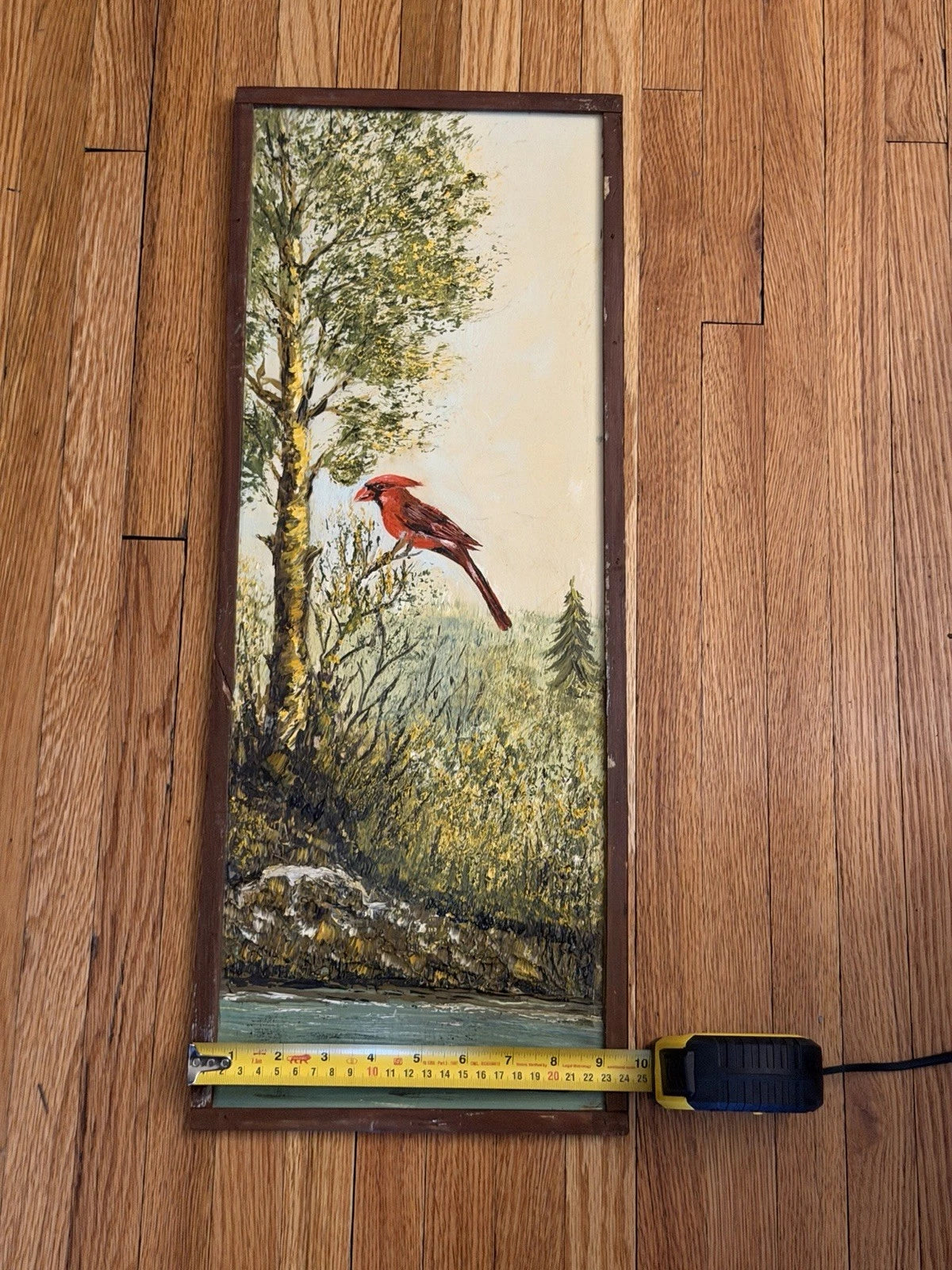 Original Oil Painting – Red Cardinal Bird Landscape – Signed K. Haley – Vintage
