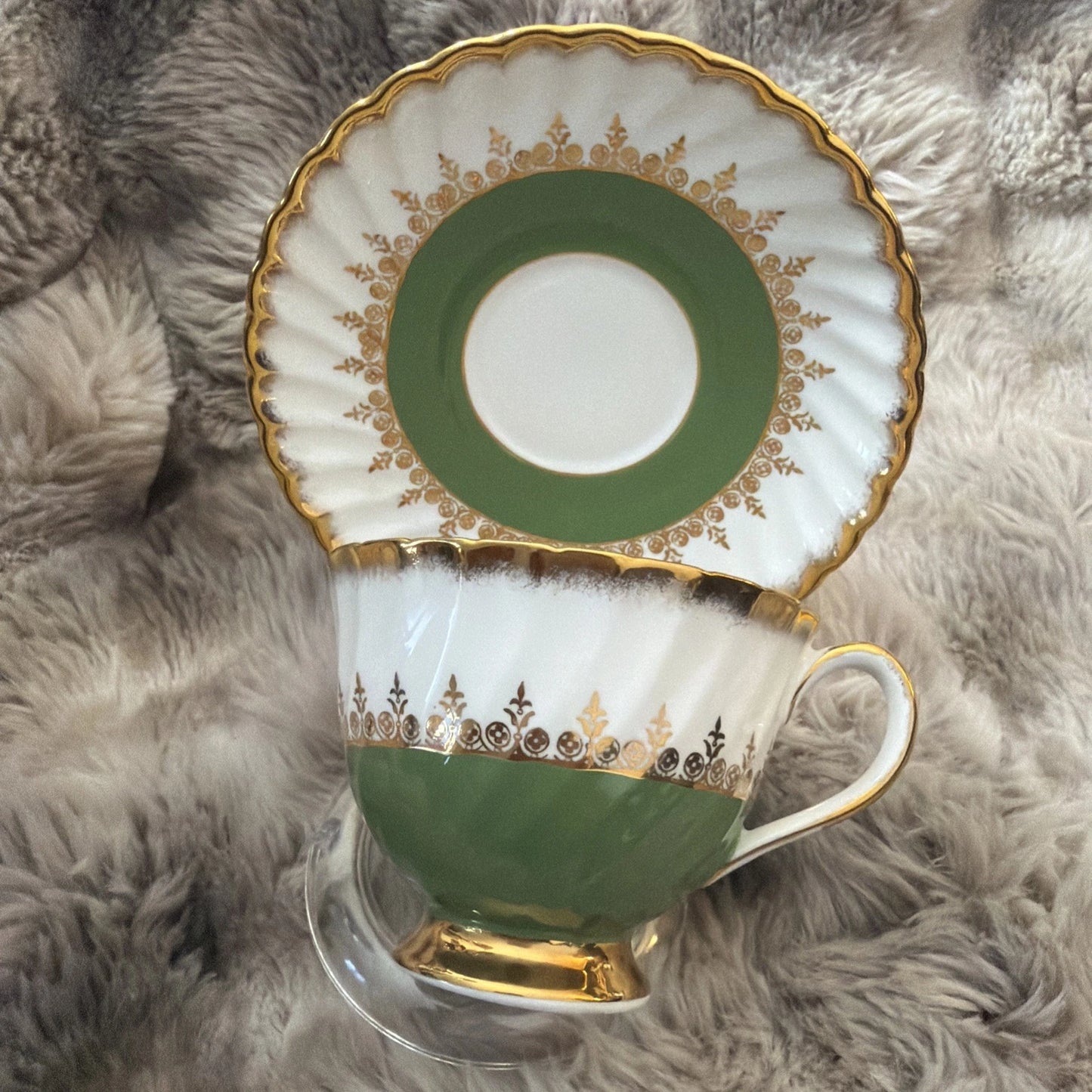 Vintage Teacup and Saucer - Royal Adderley Bone China - 1930s Green Gold - Pings