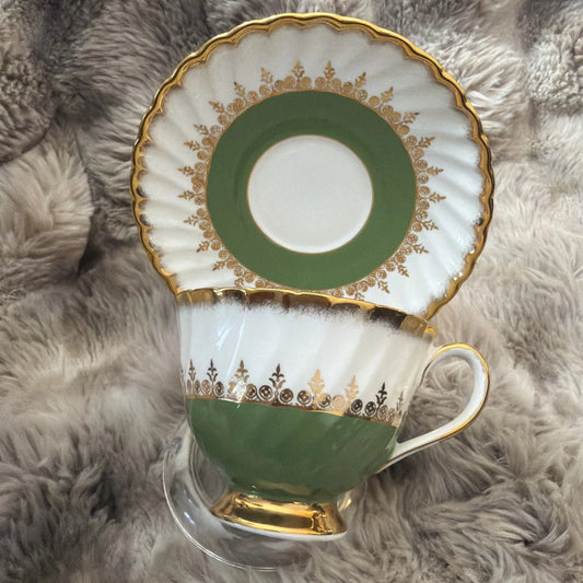 Vintage Teacup and Saucer - Royal Adderley Bone China - 1930s Green Gold - Pings