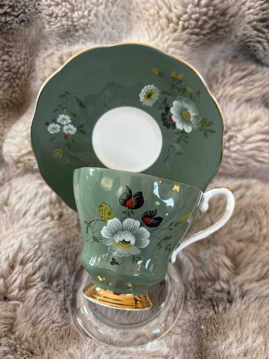 Royal Grafton Fine Bone China Teacup & Saucer – Green Floral – Gold Trim - Pings