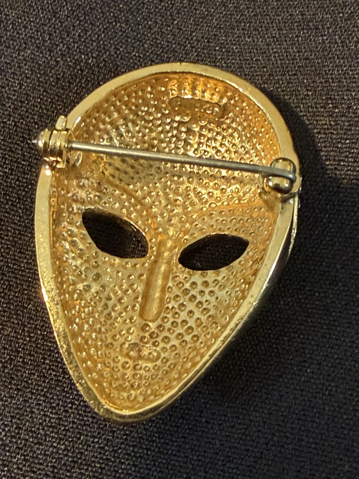 Vintage Butler Gold Tone Mask Brooch Rhinestone Eyes Figural Face Pin Art Deco