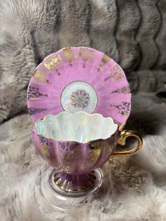 Vintage Shafford Hand-Decorated Tea Cup & Saucer – Pink Luster & Gold Gilt Japan