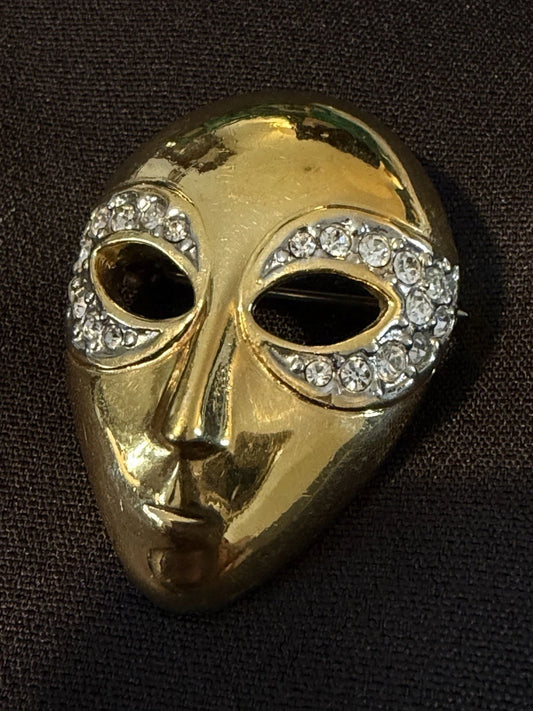 Vintage Butler Gold Tone Mask Brooch Rhinestone Eyes Figural Face Pin Art Deco