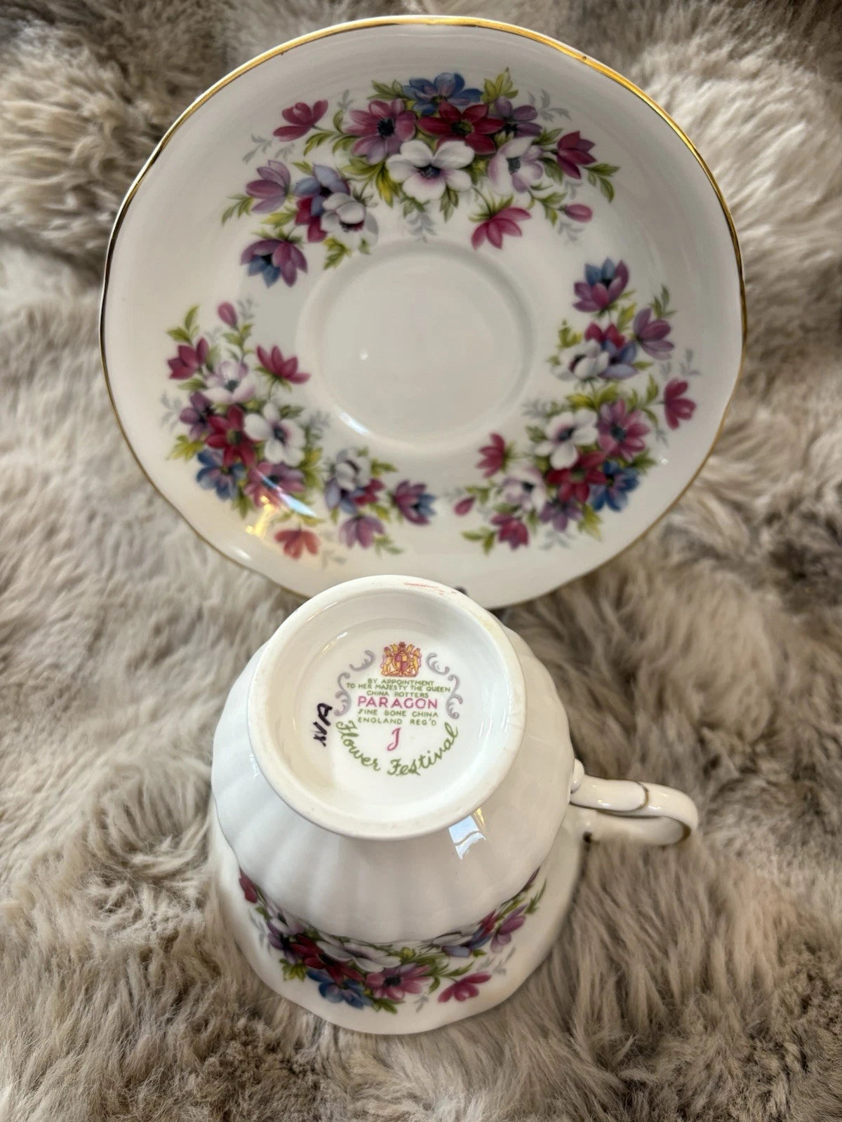 Paragon Flower Festival Teacup & Saucer Fine Bone China England Gold Trim Pings