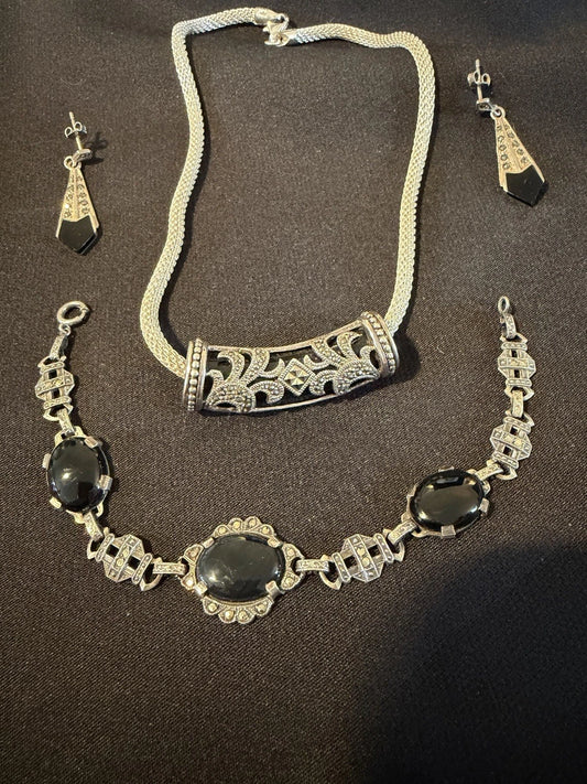 Vintage Sterling Silver Marcasite & Black Onyx Jewelry Set