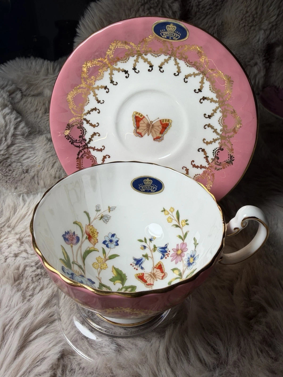 Aynsley Oban Cottage Garden Teacup & Saucer Bone China Butterfly Pink/Purple