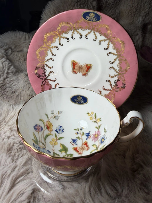 Aynsley Oban Cottage Garden Teacup & Saucer Bone China Butterfly Pink/Purple